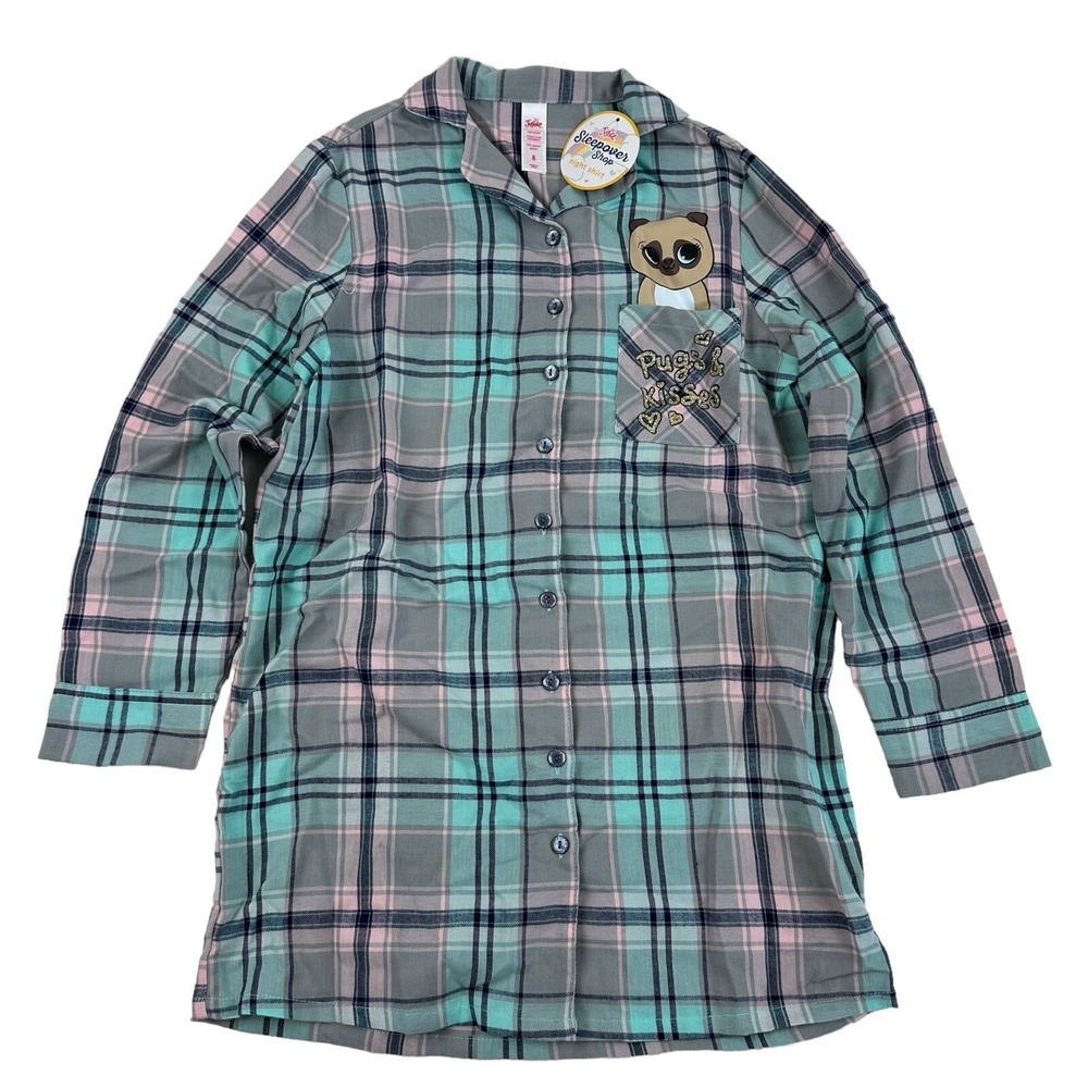 NWT Justice Blue Pink Plaid Button Front Pajama Night‎ Shirt Dress L/S Flannel 8